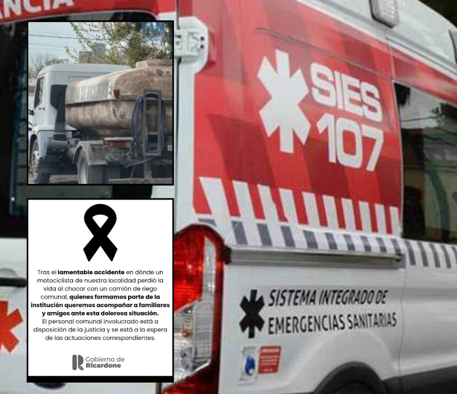 Fatal accidente en Ricardone: un motociclista perdió la vida tras chocar con un camión regador comunal
